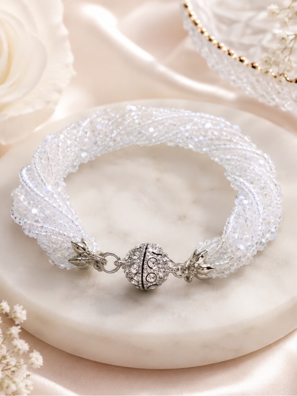 White Beaded Magnetic Bracelet – 7 inches